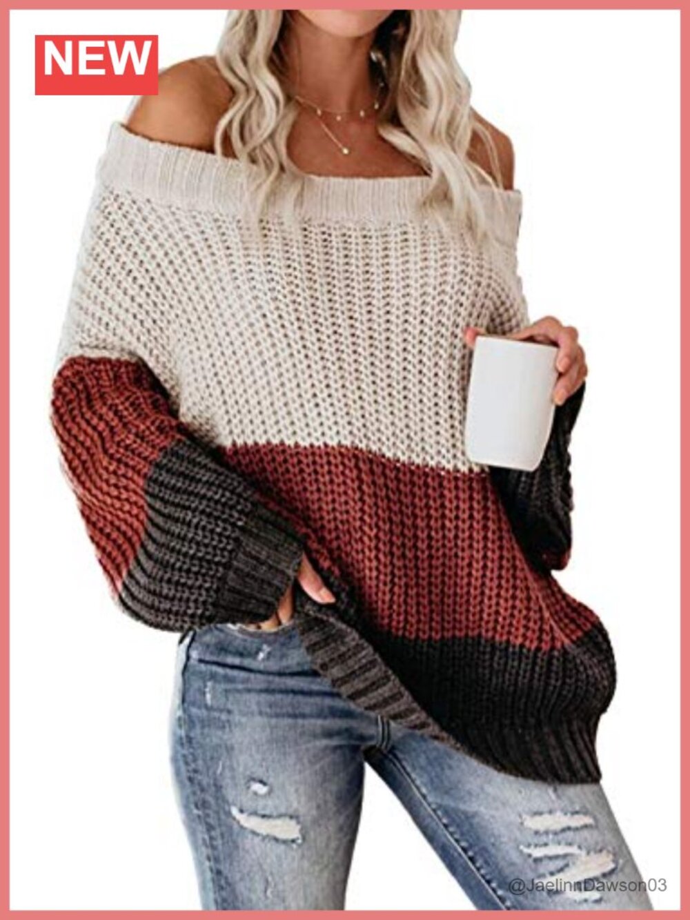 Womens Off Shoulder Color Block Sweater Oversized Chunky Knit Pullover